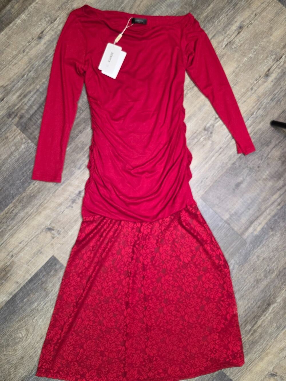 Zesica Size L Red Ruched Bodycon Dress Long Sleeve Lace Skirt Maxi NWT